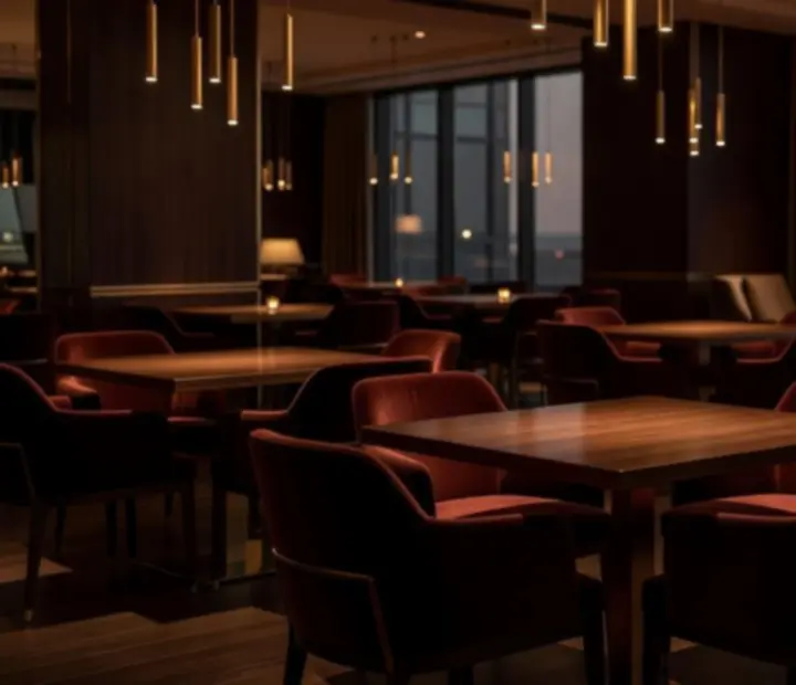 Główna sala restauracji Wonderstar s. r. o. po zmroku z ciemnym drewnem i burgundowymi fotelami