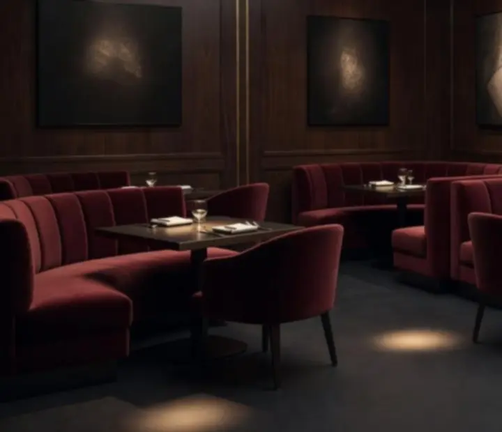 Widok głównej sali restauracji Wonderstar s. r. o. z ciemnym drewnem i ciepłym światłem